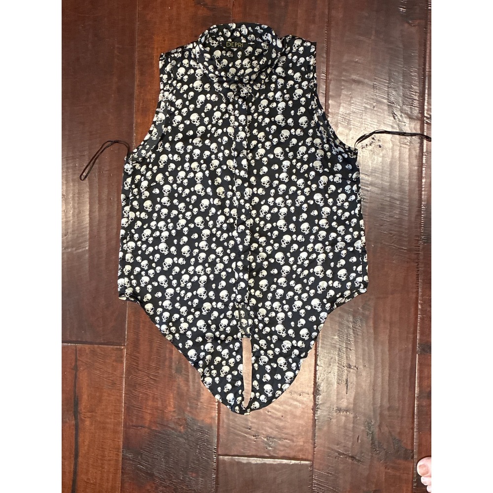 Depri Skull Print Top Womens Large Black Sleeveless Button Down Blouse